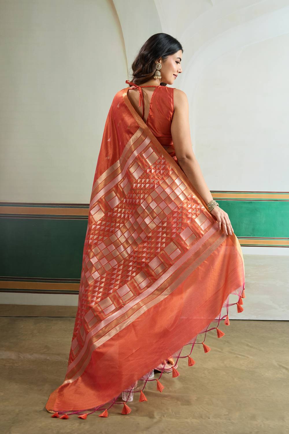 Usha Rust Orange Tussar Silk Ikkat Handloom Weaving Ready to Wear Saree