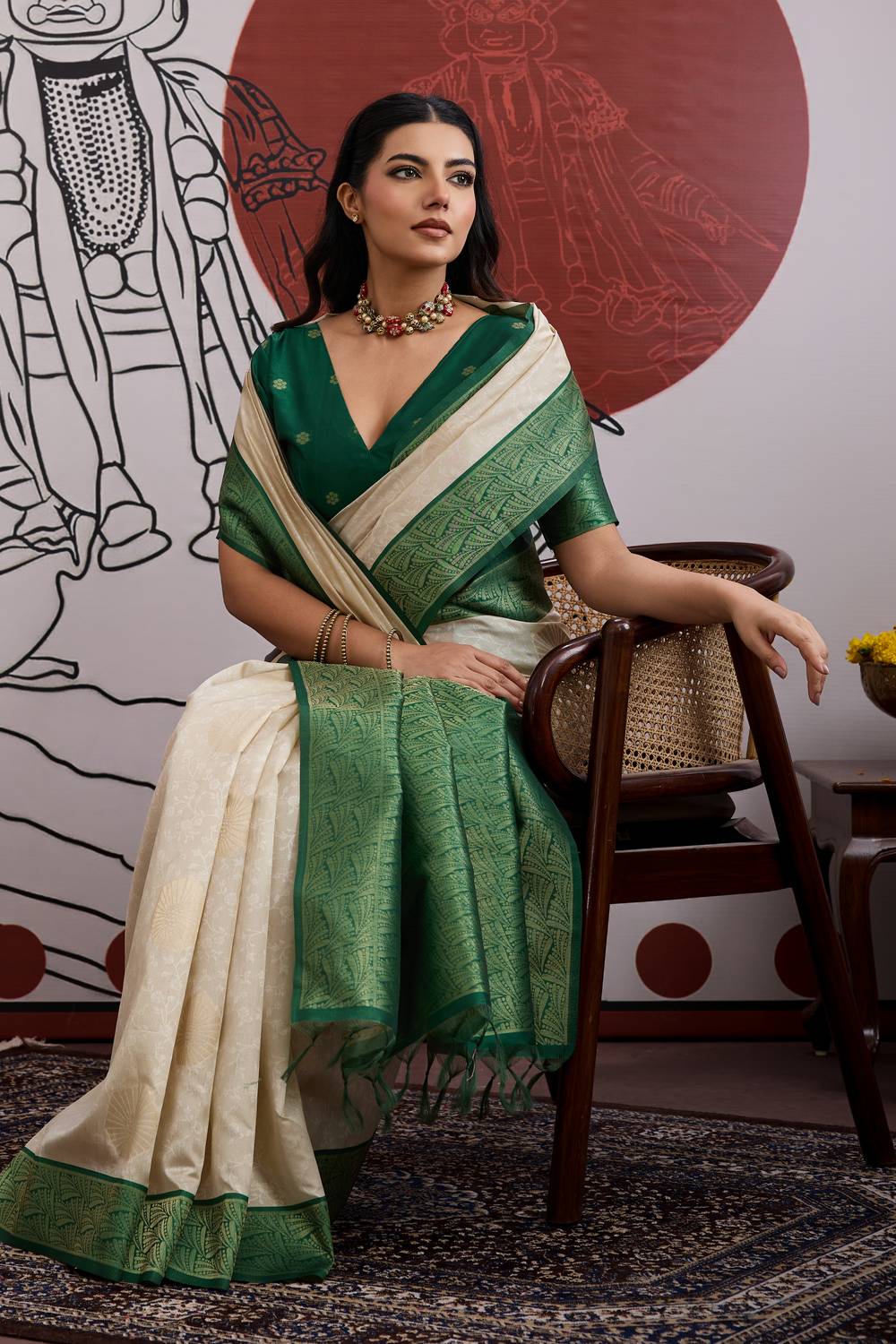 Mona Cream and Bottle Green Paper Silk Ready to Wear Saree