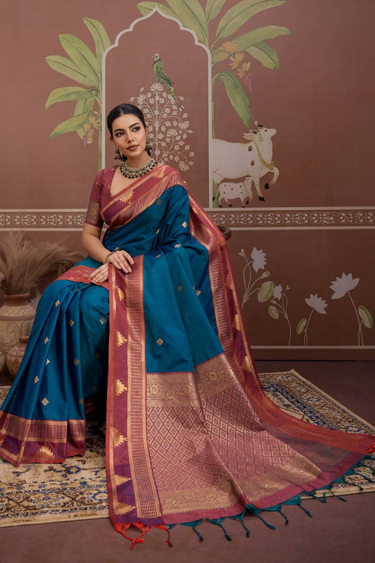 Tessa Royal Teal Blue Silk Woven With Zari Work Ready to Wear Saree