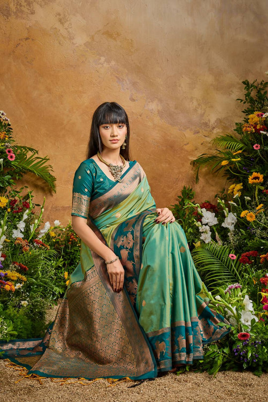 Reishi Seafoam Green Silk Handloom Woven Ready to Wear Saree