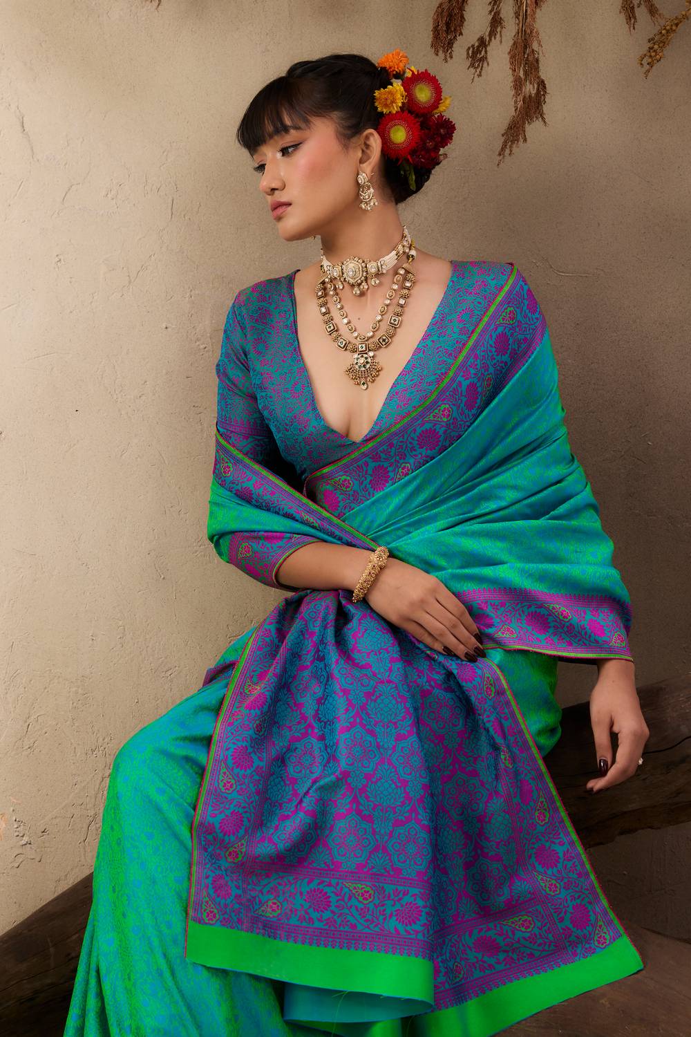 Jivana Emerald Green Pure Kanjivaram Weaving Silk Ready to Wear Saree