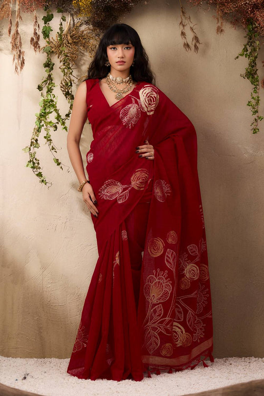 Samara Classic Red Woven Soft Silk with Floral Motif Work Ready to Wear Saree