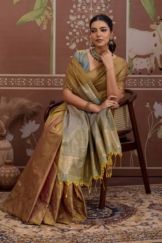 Reishi Antique Gold Silk Handloom Woven With Zari Border Ready to Wear Saree