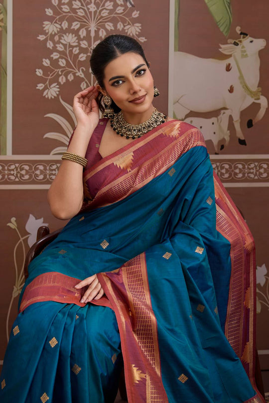 Tessa Royal Teal Blue Silk Woven With Zari Work Ready to Wear Saree