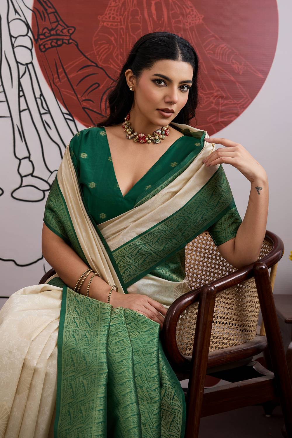 Mona Cream and Bottle Green Paper Silk Ready to Wear Saree