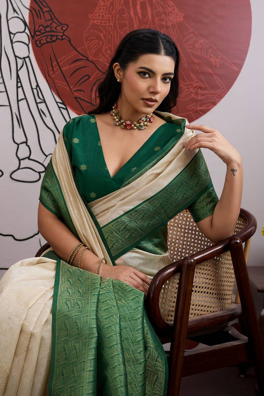 Mona Cream and Bottle Green Paper Silk Ready to Wear Saree