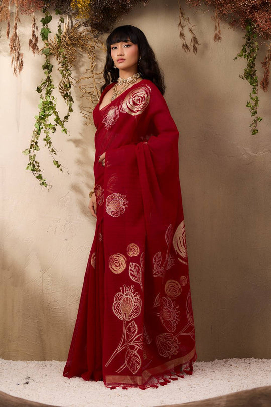 Samara Classic Red Woven Soft Silk with Floral Motif Work Ready to Wear Saree
