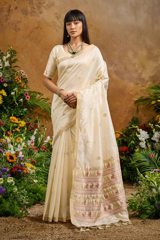 Nikka Ivory Tussar Silk Handloom Woven Tribal Border Ready to Wear Saree