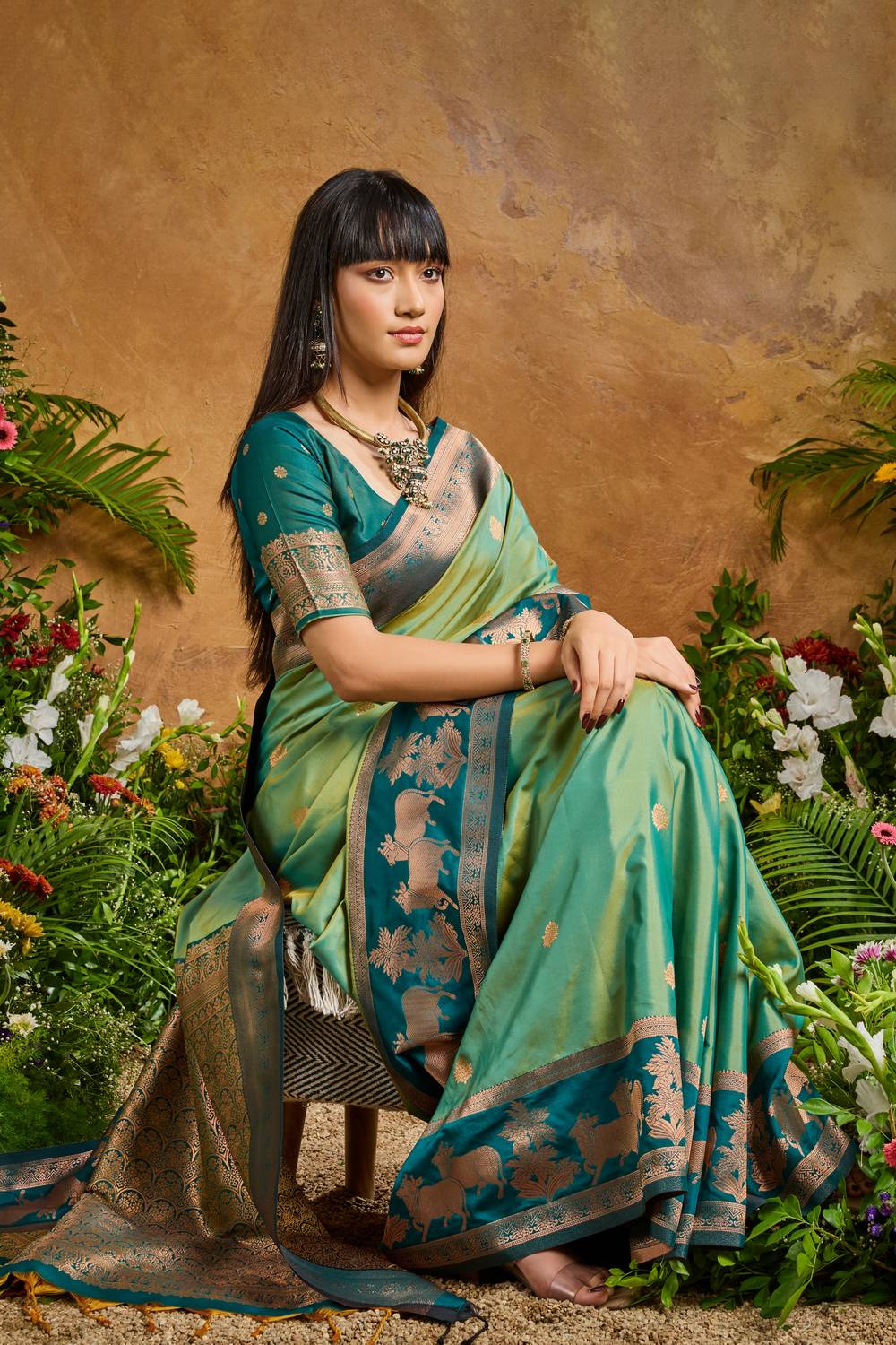 Reishi Seafoam Green Silk Handloom Woven Ready to Wear Saree