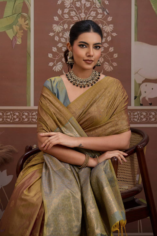 Reishi Antique Gold Silk Handloom Woven With Zari Border Ready to Wear Saree