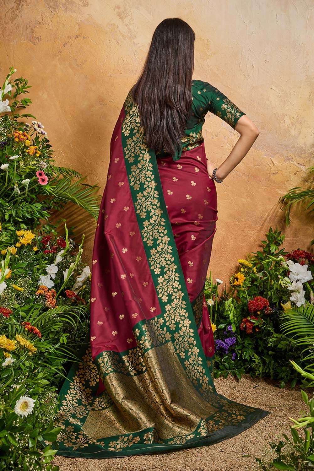 Roya Wine and Green Handloom Weaving Silk Ready to Wear Saree
