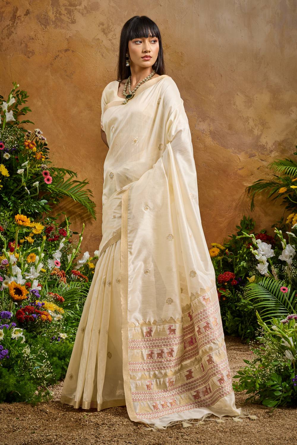 Nikka Ivory Tussar Silk Handloom Woven Tribal Border Ready to Wear Saree