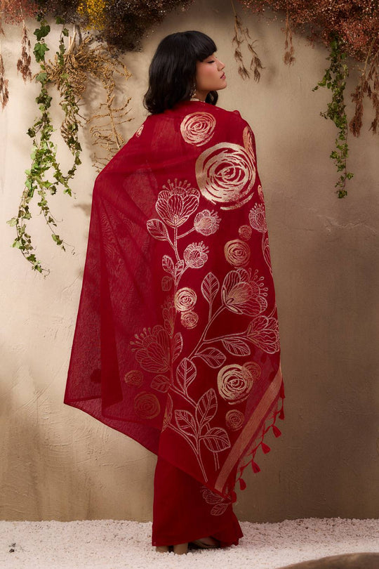 Samara Classic Red Woven Soft Silk with Floral Motif Work Ready to Wear Saree