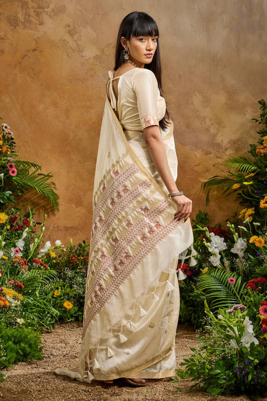 Nikka Ivory Tussar Silk Handloom Woven Tribal Border Ready to Wear Saree