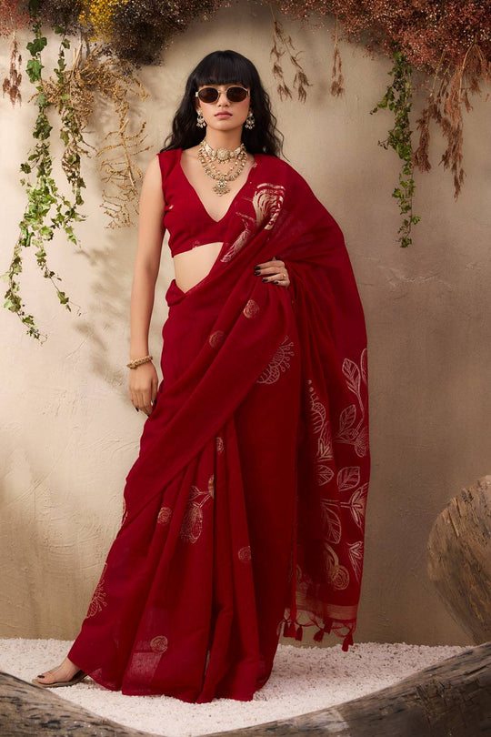 Samara Classic Red Woven Soft Silk with Floral Motif Work Ready to Wear Saree