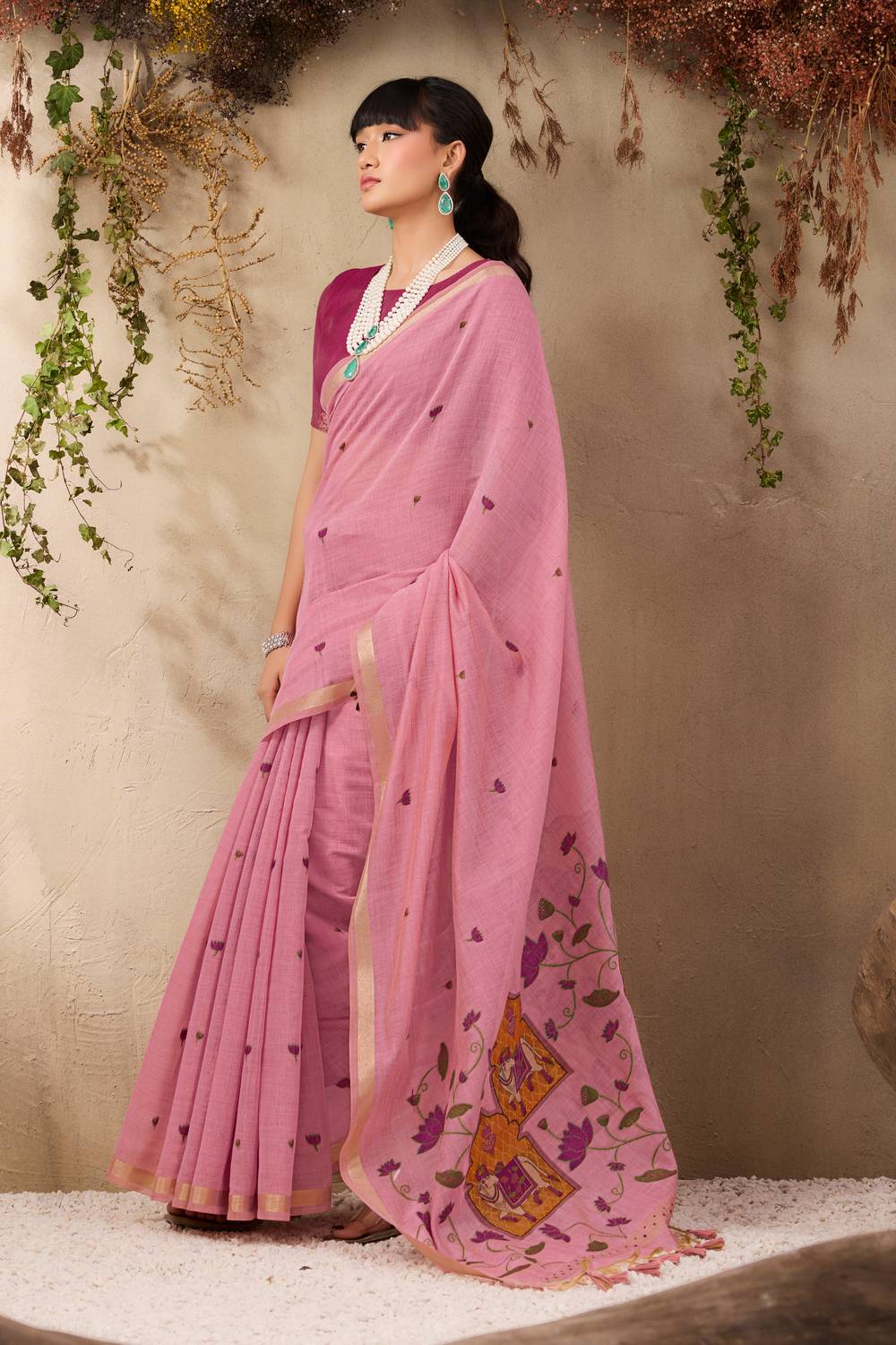Sanja Dusty Rose Cotton Woven Ready to Wear Saree