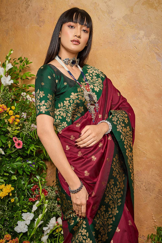 Roya Wine and Green Handloom Weaving Silk Ready to Wear Saree