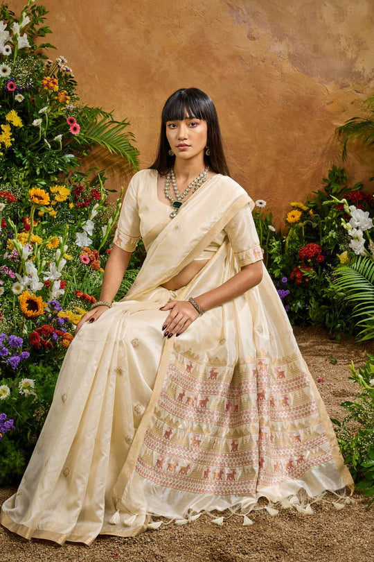 Nikka Ivory Tussar Silk Handloom Woven Tribal Border Ready to Wear Saree
