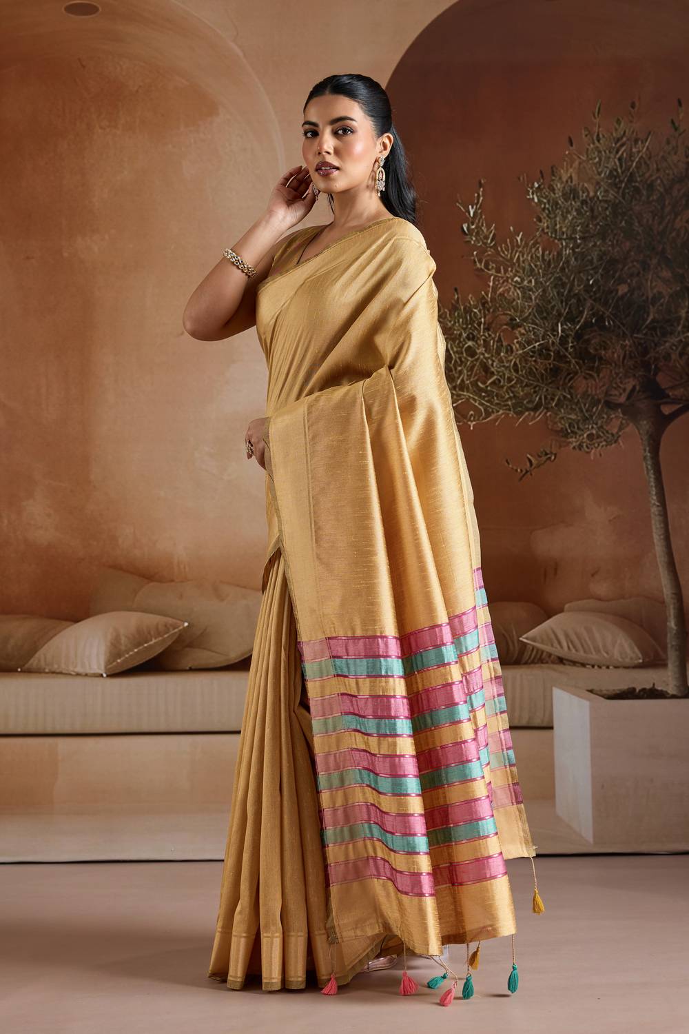Prerna Mustard Yellow Handwoven Pure Bhagalpuri Silk Ready to Wear Saree