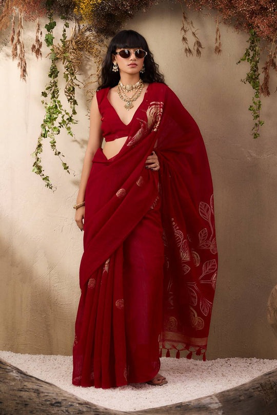 Samara Classic Red Woven Soft Silk with Floral Motif Work Ready to Wear Saree