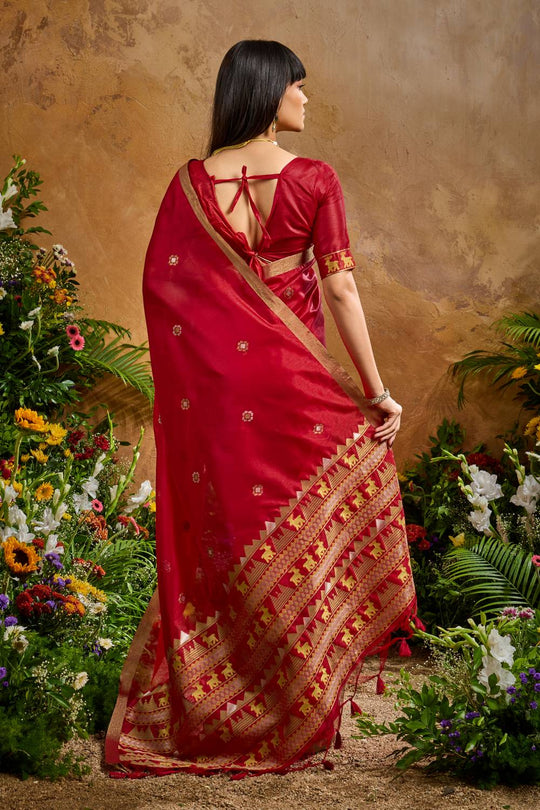 Nikka Rani Red Tussar Silk Handloom Woven Tribal Border Ready to Wear Saree