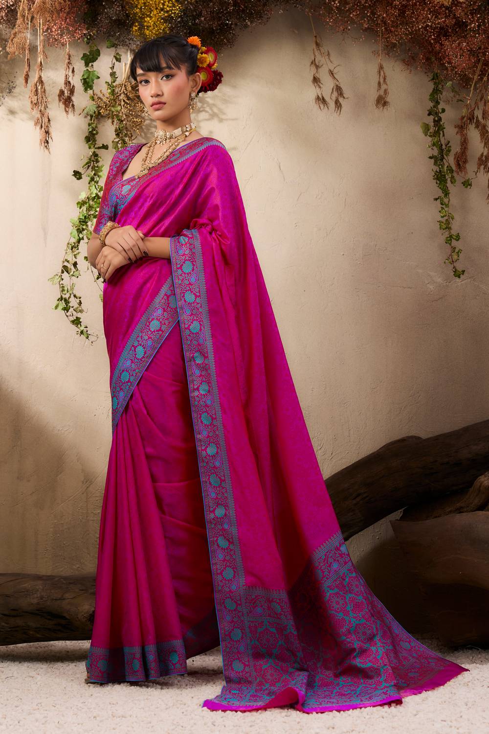 Jivana Magenta Pure Kanjivaram Weaving Silk Ready to Wear Saree