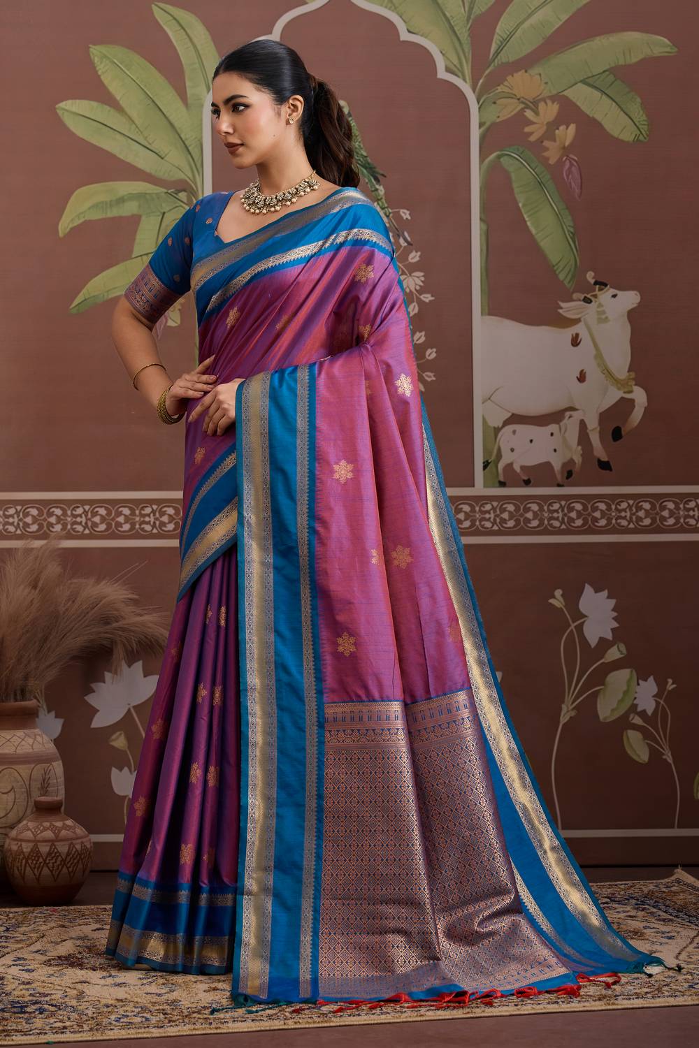 Nima Purple Tussar Silk Handloom Woven Ready to Wear Saree