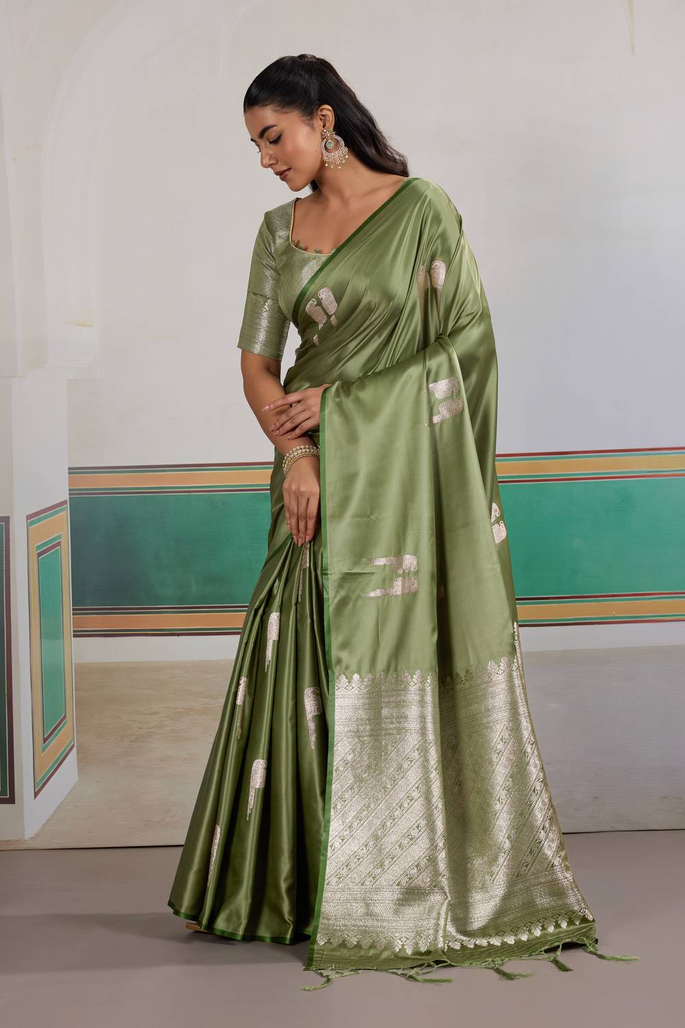 Casey Olive Green Pure Satin Handloom Weaving Ready to Wear Saree
