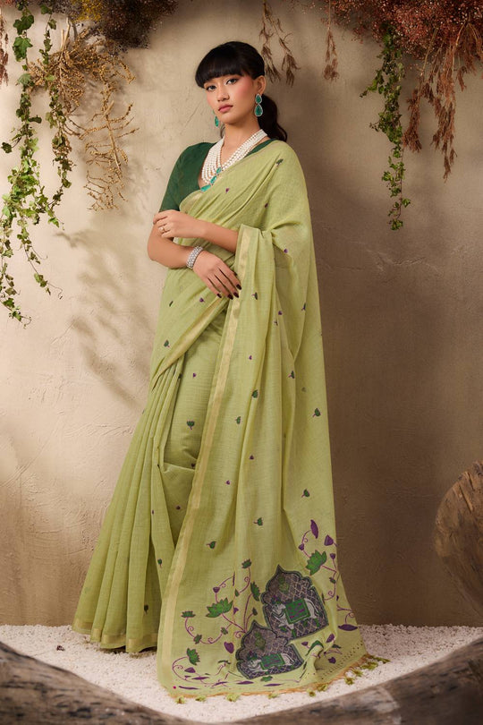 Sanja Pista Green Cotton Woven Ready to Wear Saree