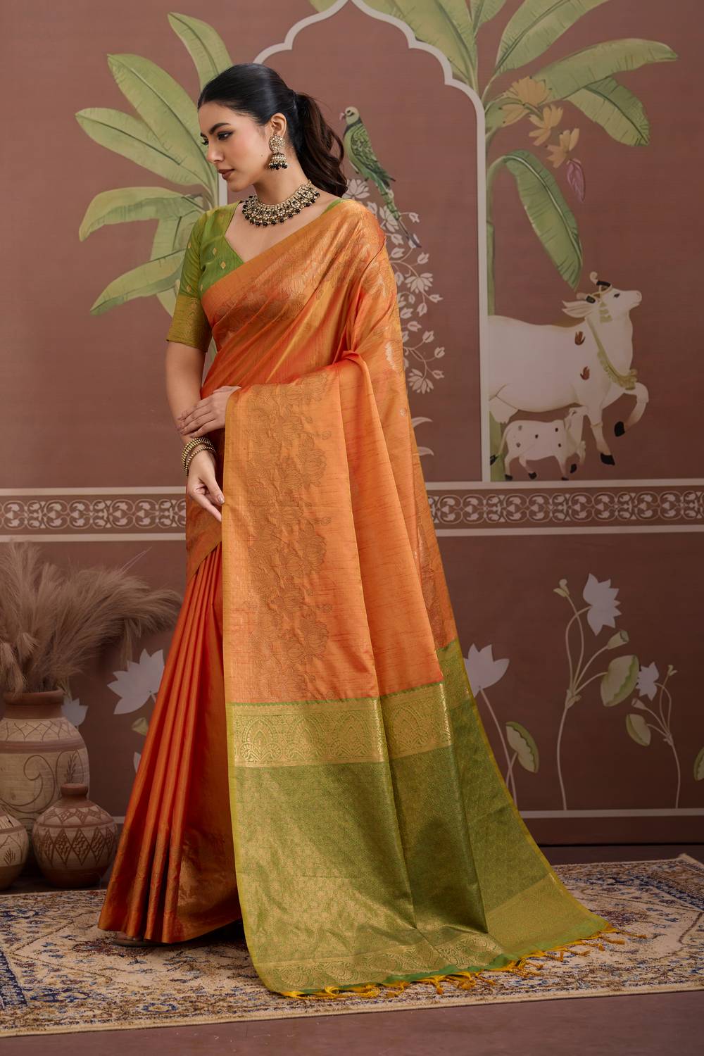 Reishi Orange Silk Handloom Woven With Zari Border Ready to Wear Saree