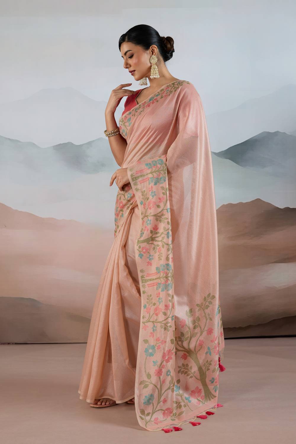 Gaila Soft Peach Handloom Zari Tissue Brasso Weaving Ready to Wear Saree