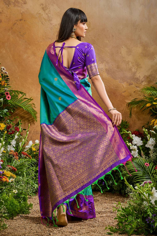 Reishi Peacock Blue Silk Handloom Woven Ready to Wear Saree