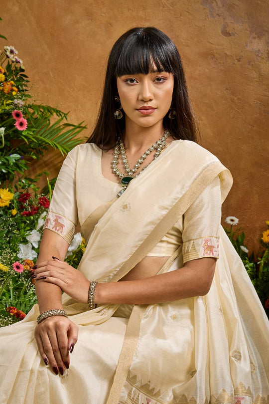 Nikka Ivory Tussar Silk Handloom Woven Tribal Border Ready to Wear Saree