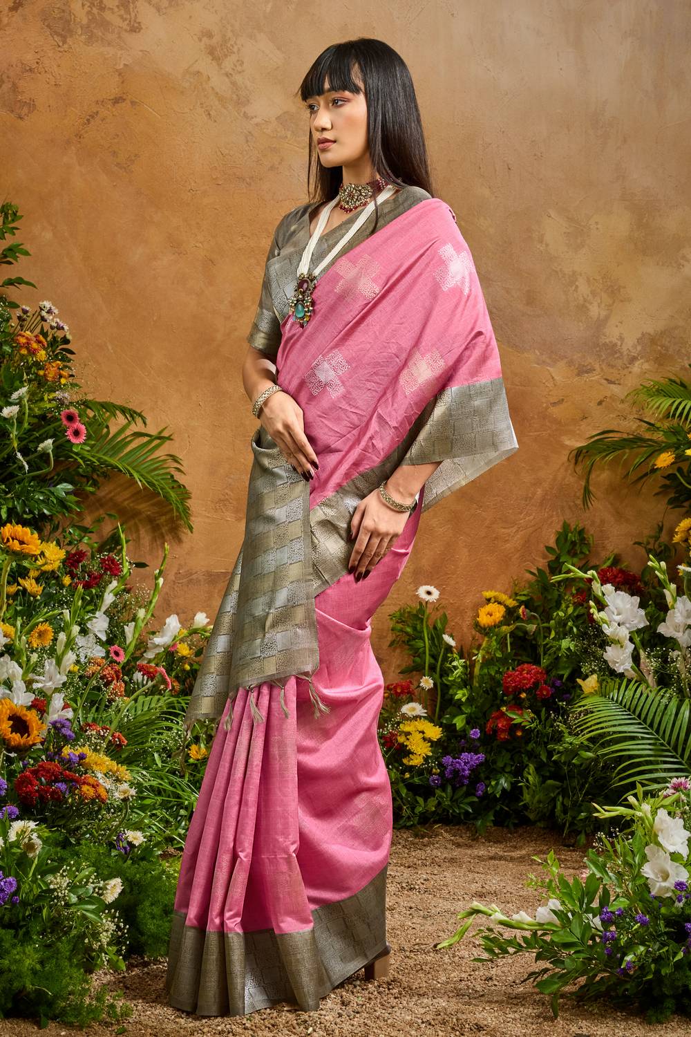 Flora Pink Paper Silk Handloom Woven Ready to Wear One Minute Saree