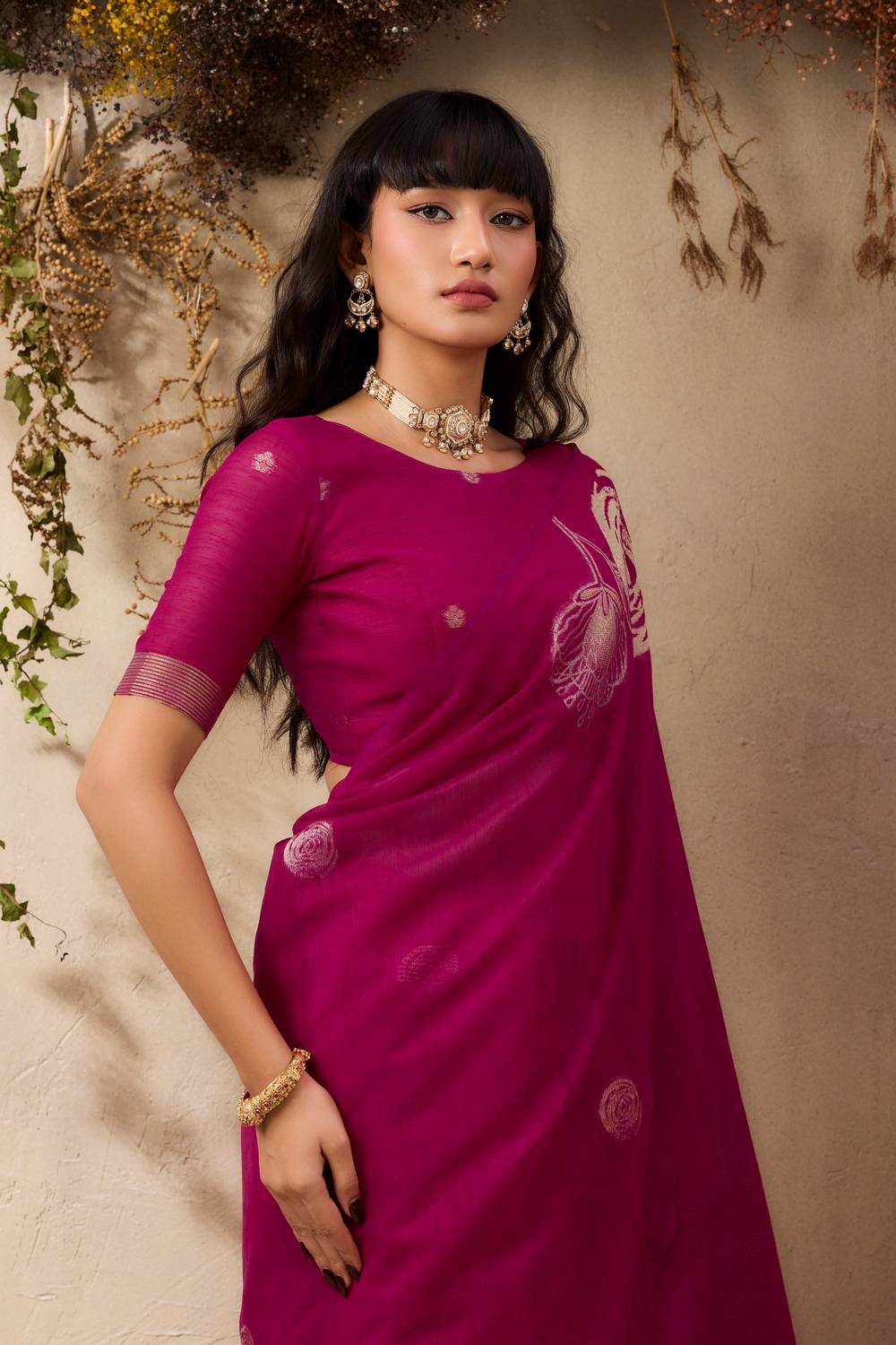 Samara Magenta Pink Woven Soft Silk with Floral Motif Work Ready to Wear Saree