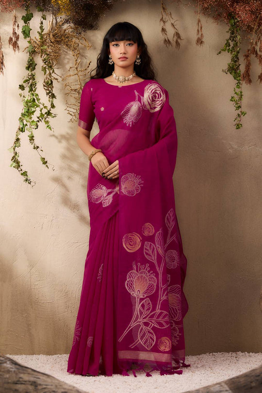 Samara Magenta Pink Woven Soft Silk with Floral Motif Work Ready to Wear Saree