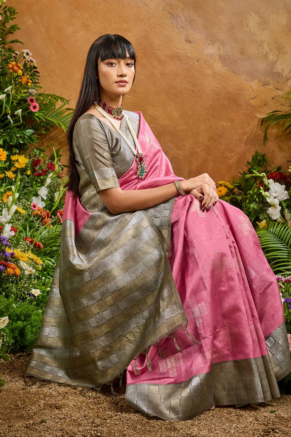 Flora Pink Paper Silk Handloom Woven Ready to Wear One Minute Saree
