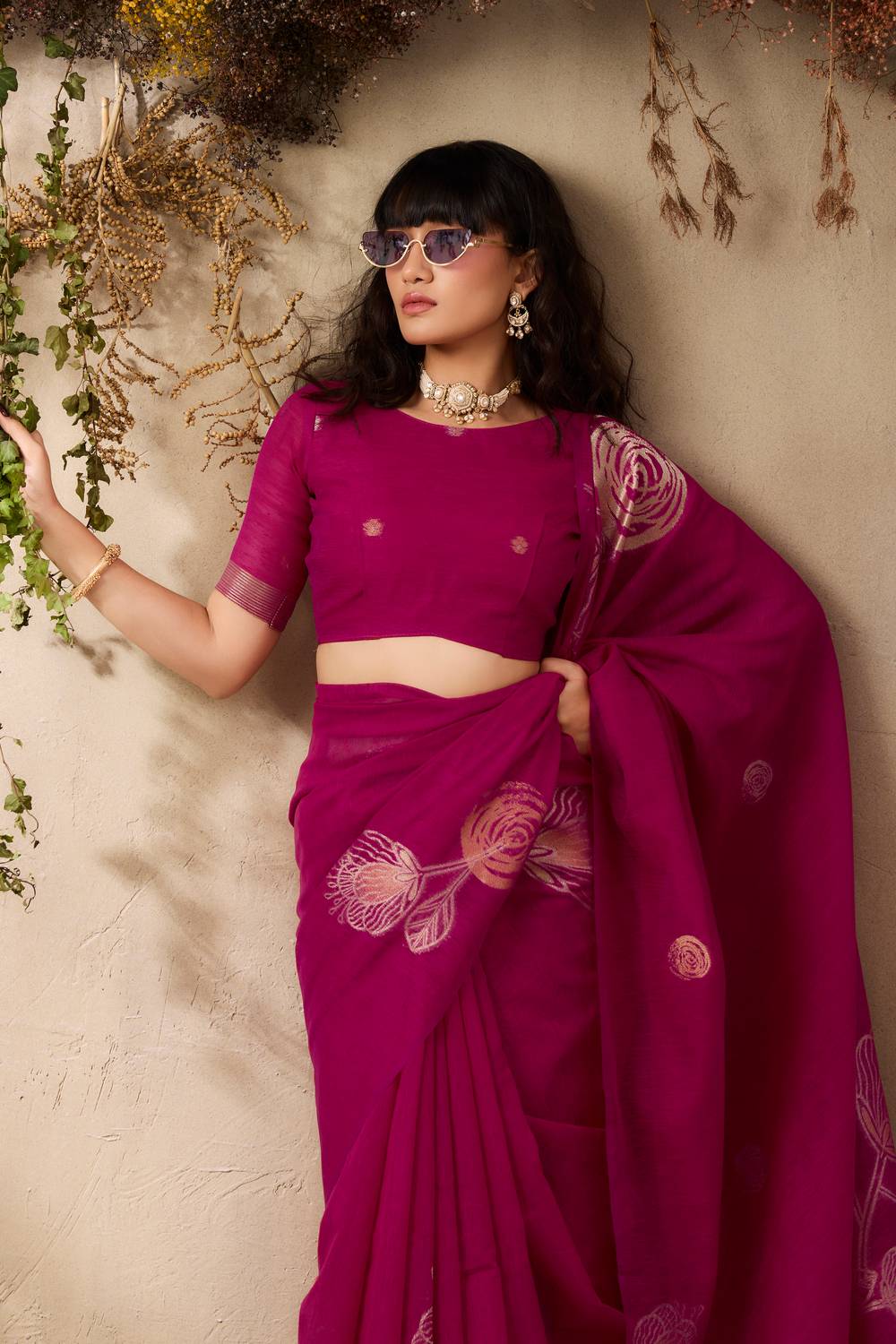 Samara Magenta Pink Woven Soft Silk with Floral Motif Work Ready to Wear Saree