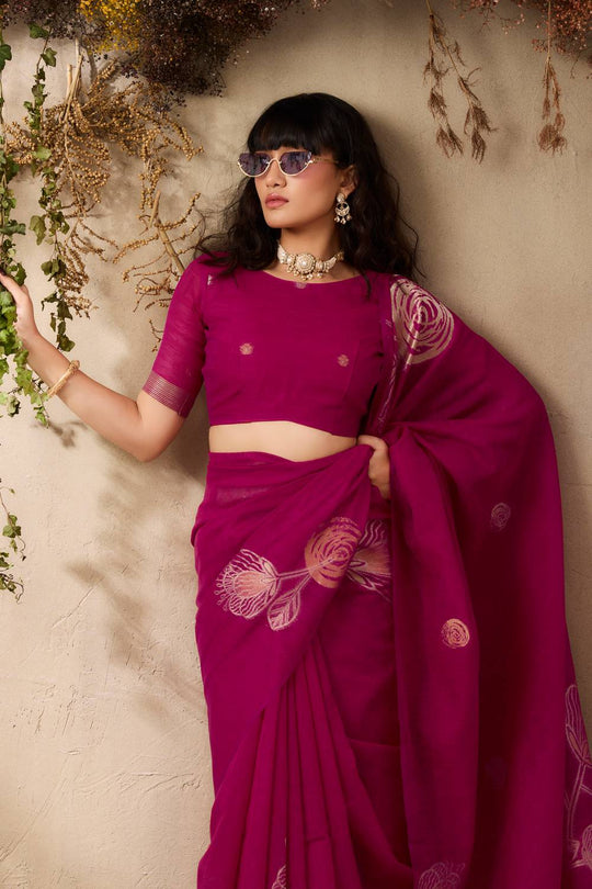 Samara Magenta Pink Woven Soft Silk with Floral Motif Work Ready to Wear Saree
