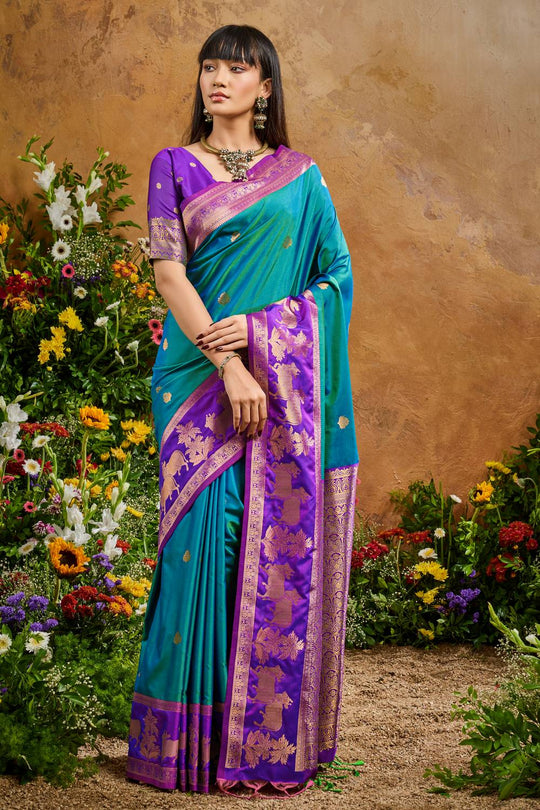 Reishi Peacock Blue Silk Handloom Woven Ready to Wear Saree