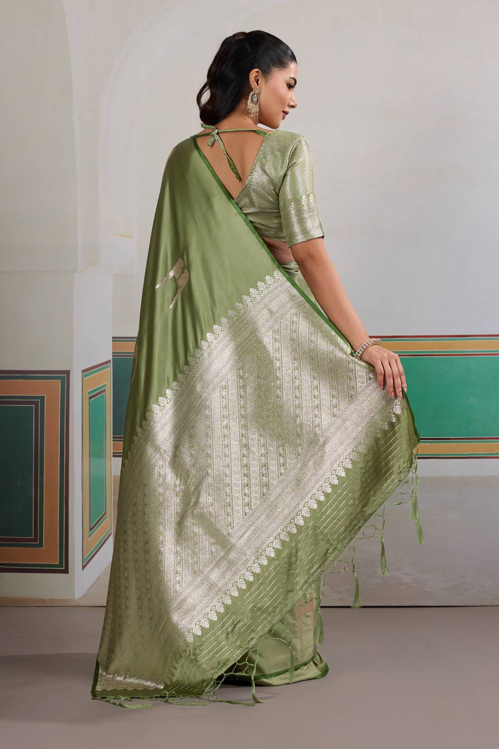 Casey Olive Green Pure Satin Handloom Weaving Ready to Wear Saree