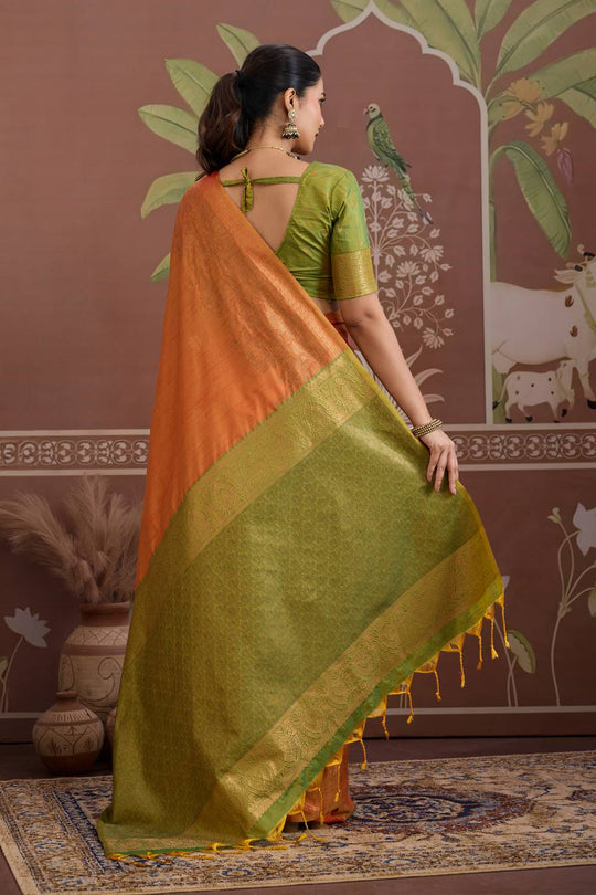 Reishi Orange Silk Handloom Woven With Zari Border Ready to Wear Saree