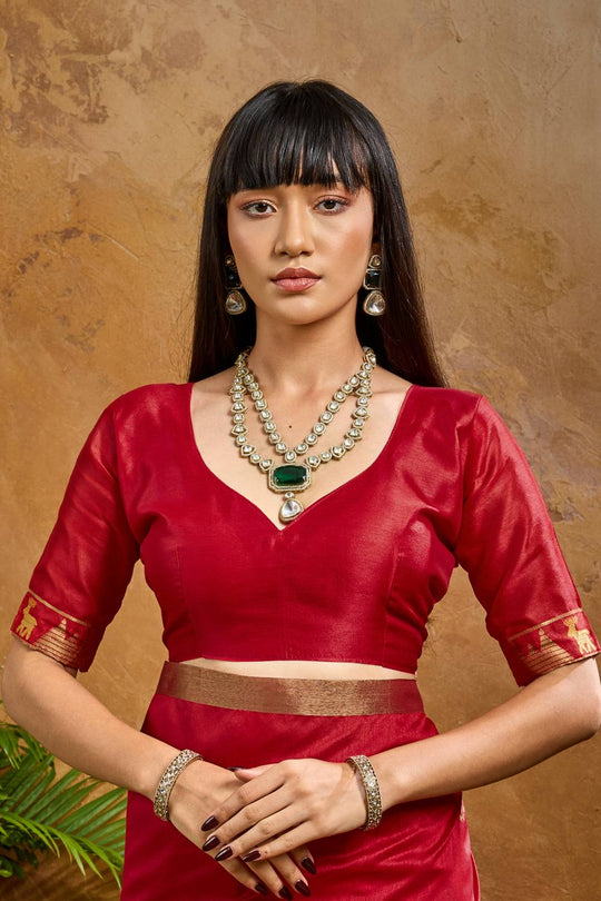 Nikka Rani Red Tussar Silk Handloom Woven Tribal Border Ready to Wear Saree