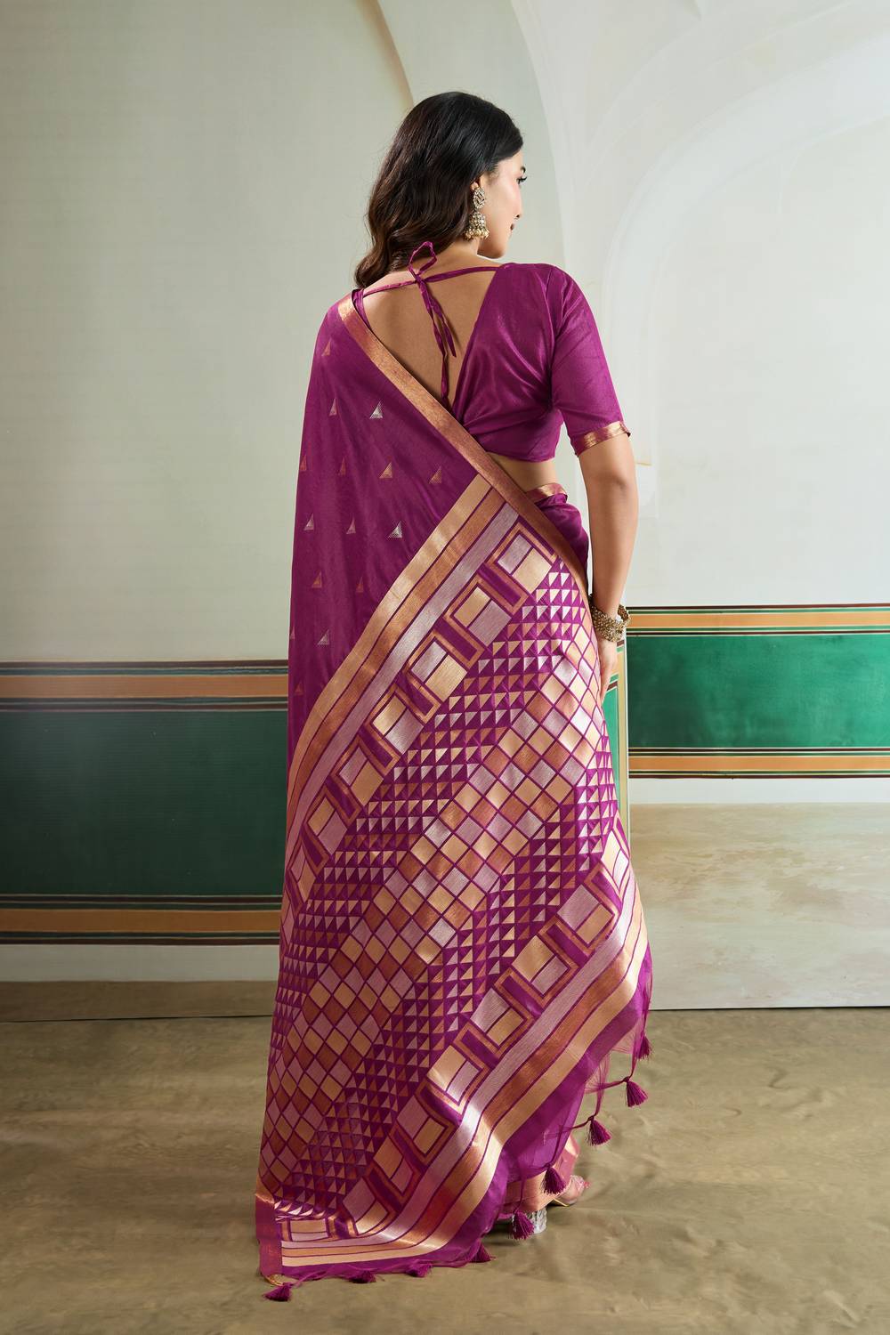 Usha Purple Tussar Silk Ikkat Handloom Weaving Ready to Wear Saree
