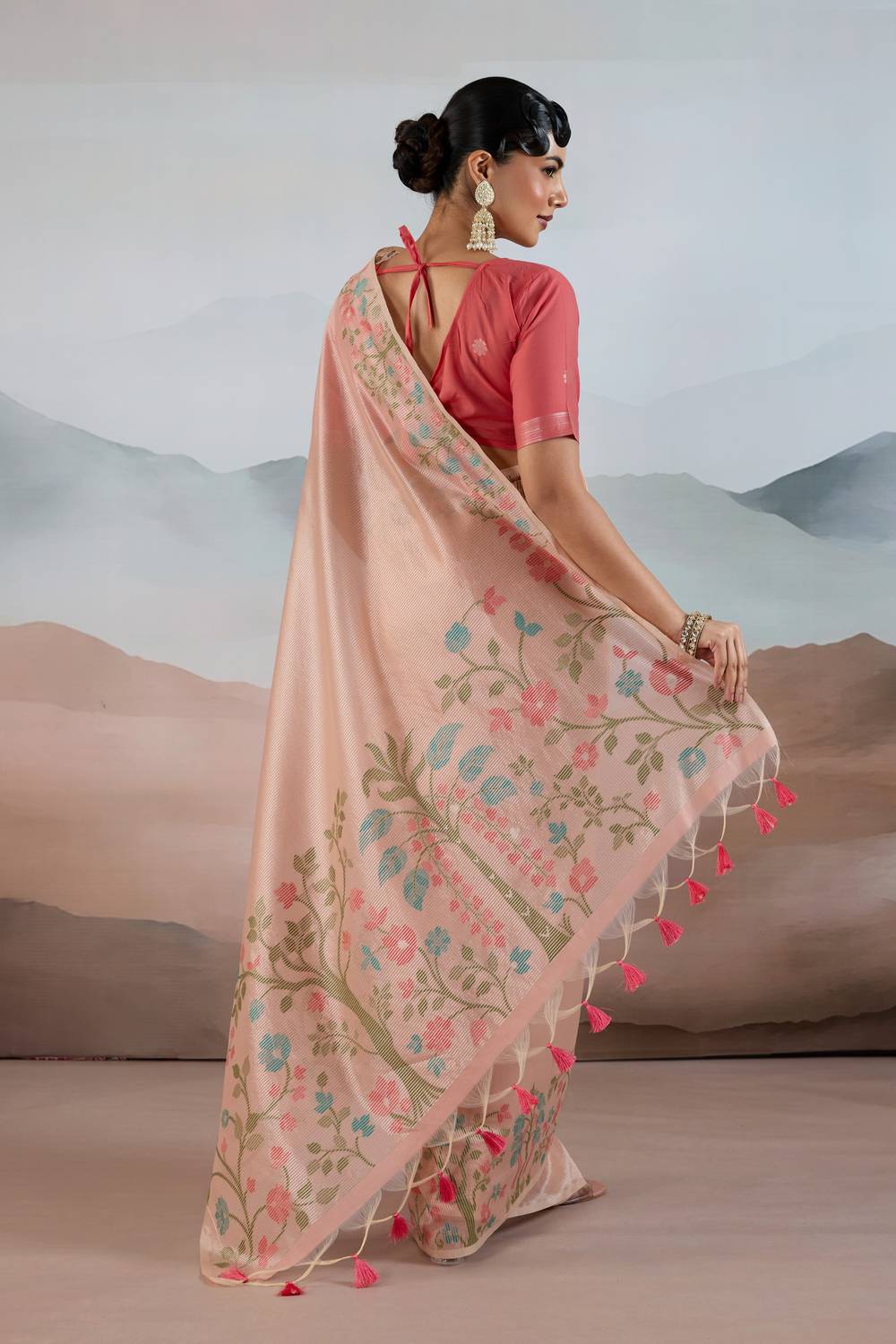 Gaila Soft Peach Handloom Zari Tissue Brasso Weaving Ready to Wear Saree