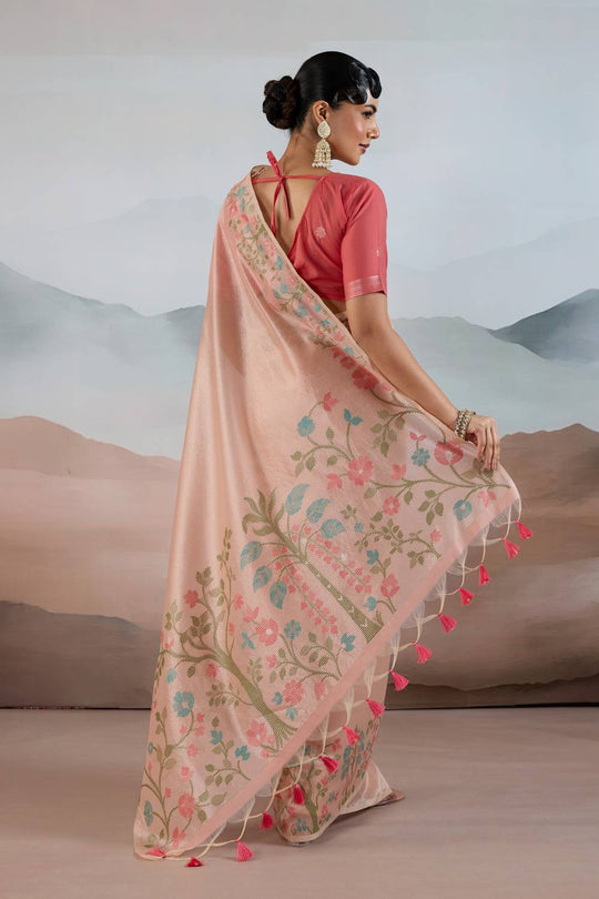 Gaila Soft Peach Handloom Zari Tissue Brasso Weaving Ready to Wear Saree