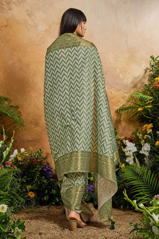 Helen Olive Green Viscose Cotton Handloom Woven Patola Ready to Wear Saree