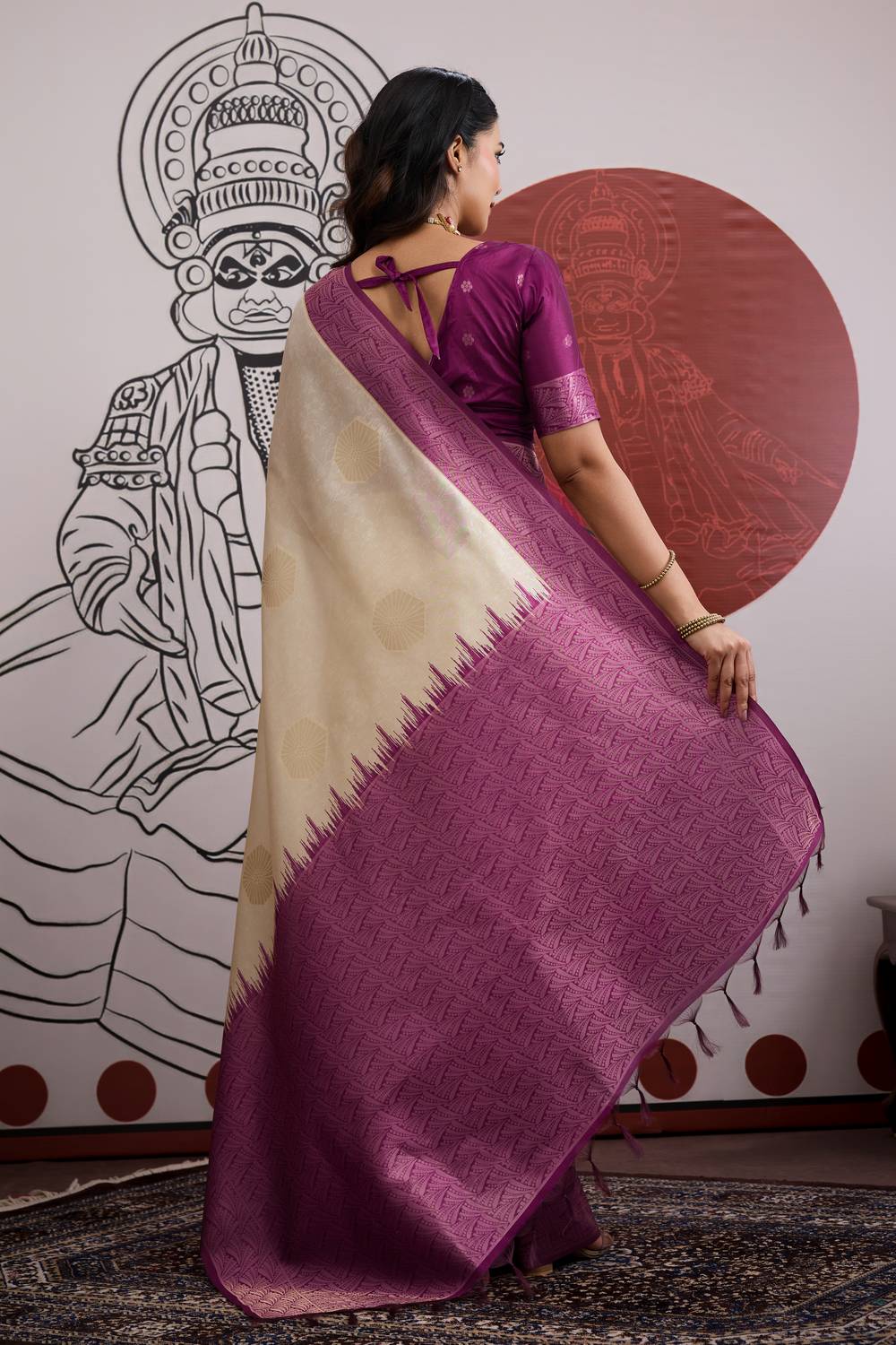 Mona Cream & Wine Purple Paper Silk Ready to Wear Saree