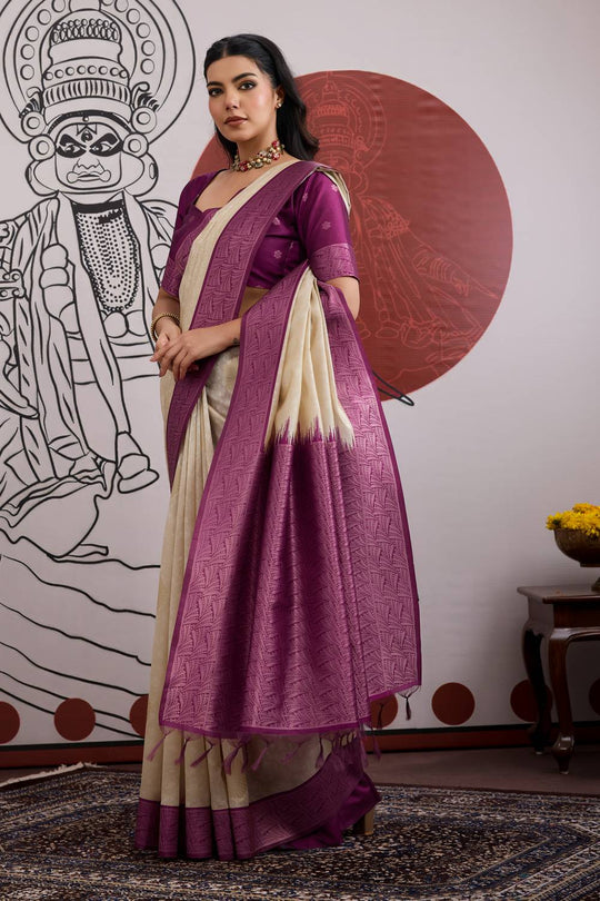 Mona Cream & Wine Purple Paper Silk Ready to Wear Saree