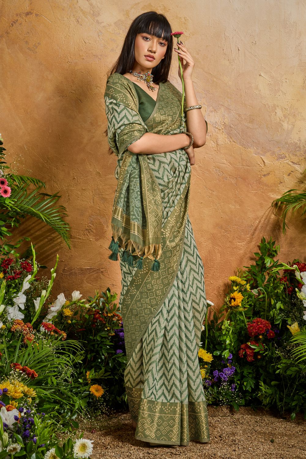 Helen Olive Green Viscose Cotton Handloom Woven Patola Ready to Wear Saree